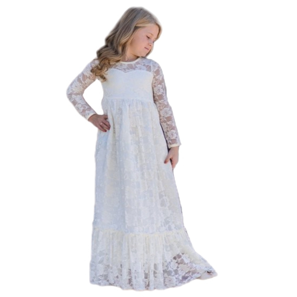 Girls' Ivory Lace Long Sleeve Maxi Dress - Elegant Formal Wear